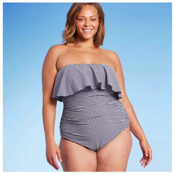Kona Sol Other - Kona Sol Blue Bandeau Flounce Front Ruched High Coverage 1-Piece Swimsuit Size L